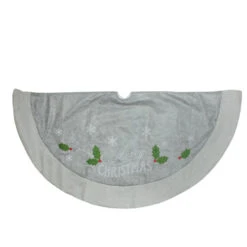 48" Gray And Green 'Merry CHRISTMAS' Mottled Tree Skirt With Herringbone Bordered Trim