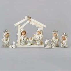 Roman 9 Piece Set White Christmas Nativity Stable Scene Figurines 6.5"