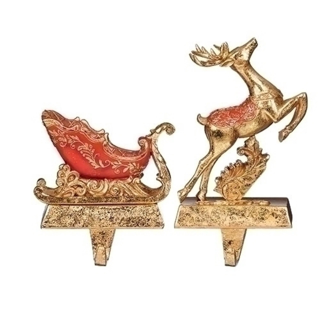 Roman Set Of 2 Red Gold Deer And Sleigh Christmas Stocking Holder 6" 1 Roman Set Of 2 Red Gold Deer And Sleigh Christmas Stocking Holder 6"