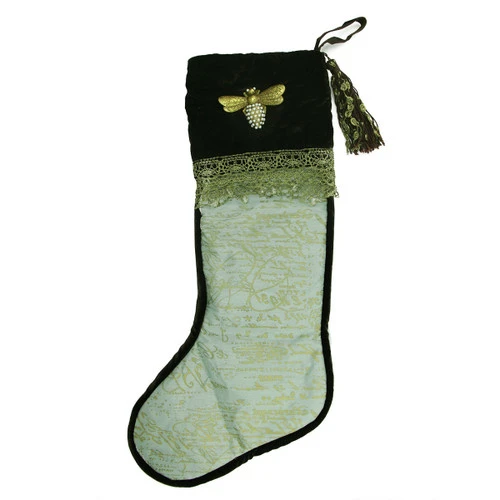 27" Sage Green And Gold French Writing With Bee Christmas Stocking 2 27" Sage Green And Gold French Writing With Bee Christmas Stocking - Image 2