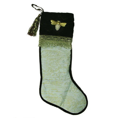 27" Sage Green And Gold French Writing With Bee Christmas Stocking 1 27" Sage Green And Gold French Writing With Bee Christmas Stocking
