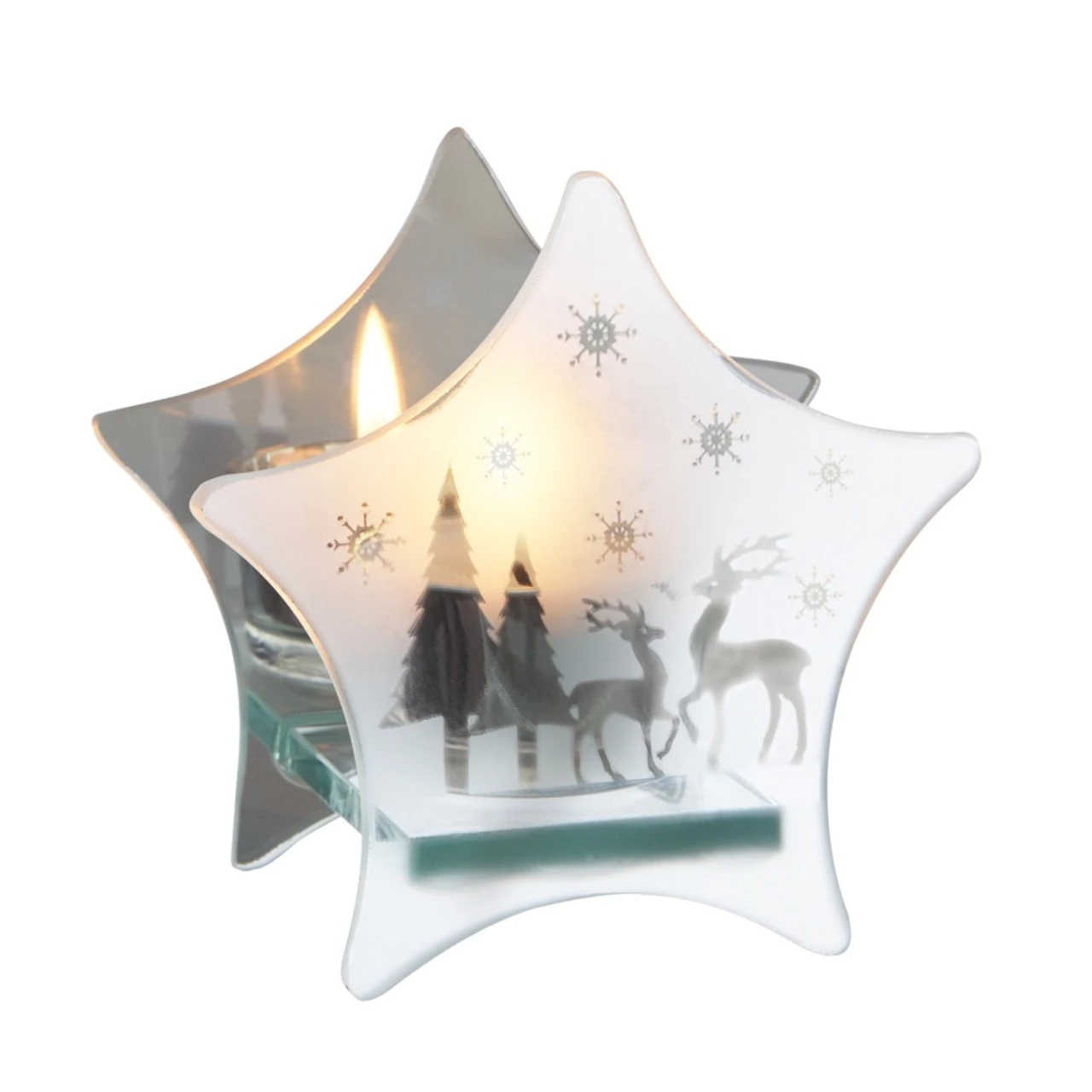 8.5" Clear Frosted Glass Snowflake Reindeer Mirrored Star Christmas Tea Light Candle Holder 1 8.5" Clear Frosted Glass Snowflake Reindeer Mirrored Star Christmas Tea Light Candle Holder
