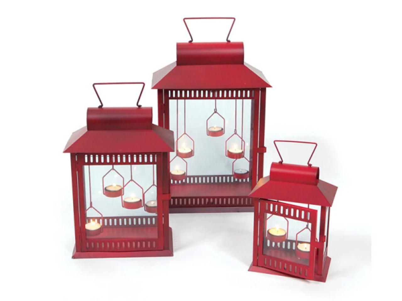 Melrose Set Of 3 Red Indoor/Outdoor Tealight Candle Lanterns 17.75" 1 Melrose Set Of 3 Red Indoor/Outdoor Tealight Candle Lanterns 17.75"