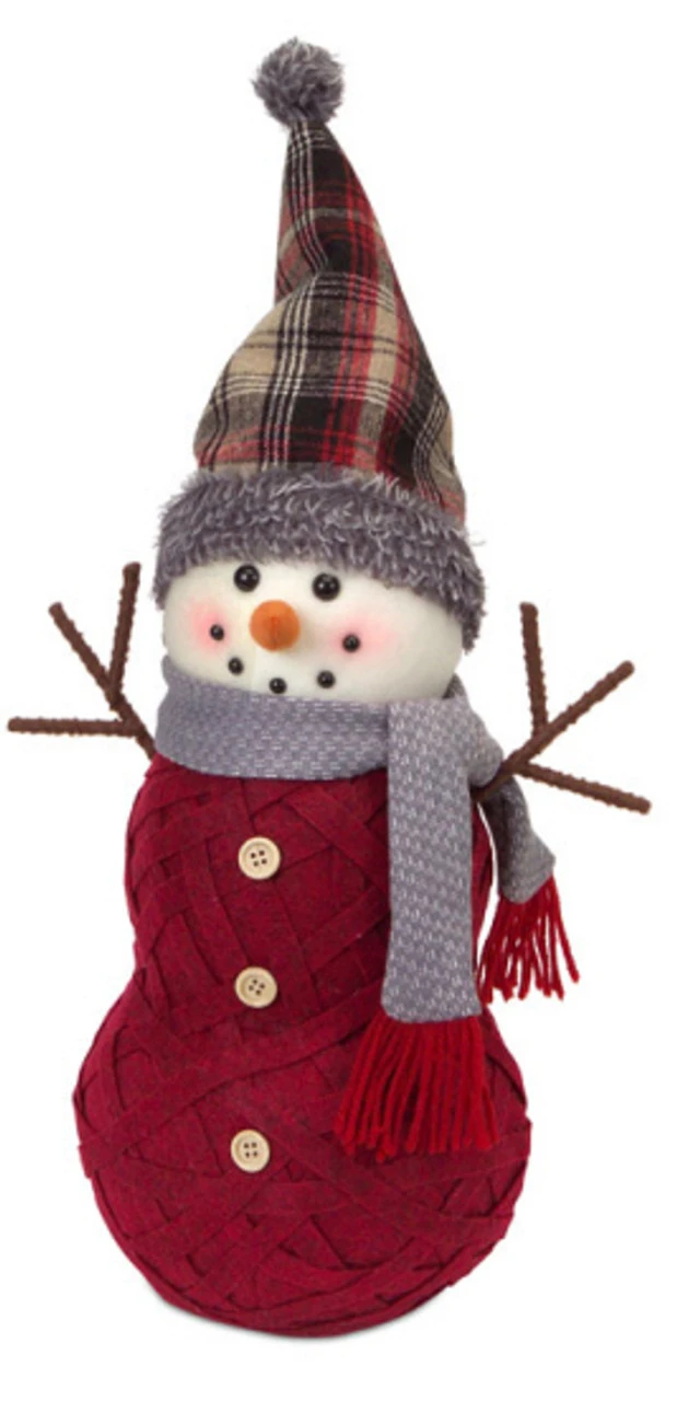 18.5" Woven Style Burgundy Snowman With Plaid Hat Christmas Tabletop Decorations 1 18.5" Woven Style Burgundy Snowman With Plaid Hat Christmas Tabletop Decorations