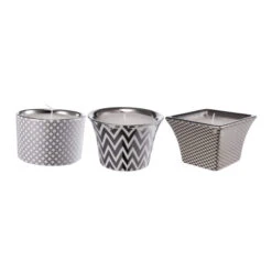 Set Of 3 Silver And White Contemporary Herringbone Candles 3.75"