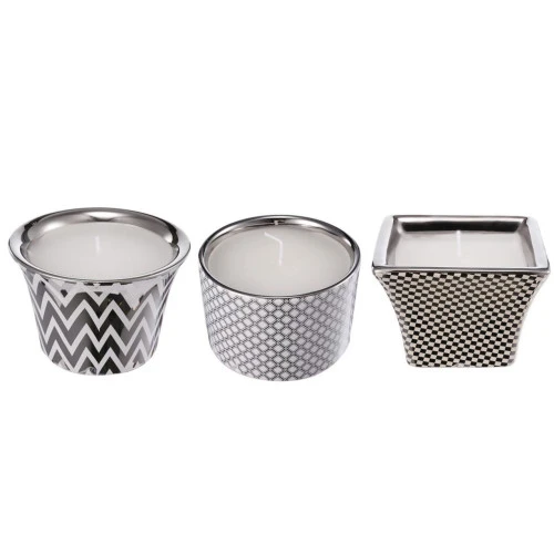 Set Of 3 Silver And White Contemporary Herringbone Candles 3.75" 2 Set Of 3 Silver And White Contemporary Herringbone Candles 3.75" - Image 2