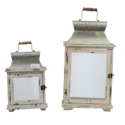 Set Of 2 Silver And White Vintage Style Evelyn Lanterns With Handle 19.5"