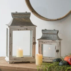 Set Of 2 Silver And White Vintage Style Evelyn Lanterns With Handle 19.5" -Christmas Decoration Store dabhg 38913 2 93135.1663860520