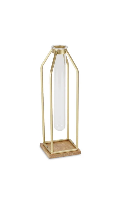 12.25" Gold And Brown Handmade Metal Lantern With Glass Tube Insert 3 12.25" Gold And Brown Handmade Metal Lantern With Glass Tube Insert - Image 3