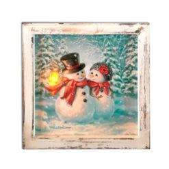 8" White And Aqua Blue LED Lighted Snowman Printed Square Christmas Shadow Box Decoration - 33817110