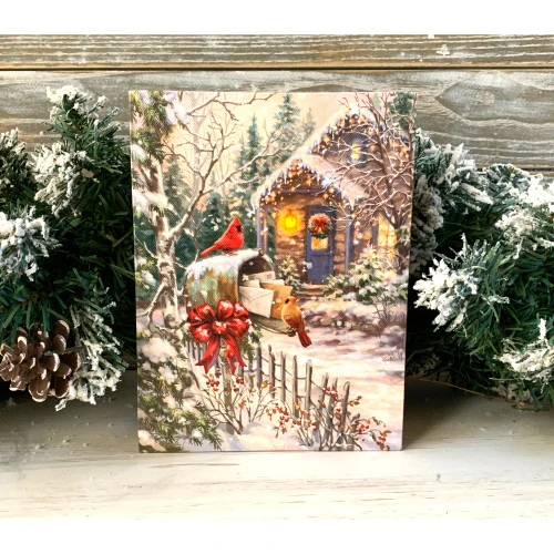 8" White And Green Cardinal Cottage Lighted Christmas Tabletop Decor 2 8" White And Green Cardinal Cottage Lighted Christmas Tabletop Decor - Image 2