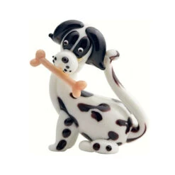 4" White And Black Dog With Bone Art Glass Figurine Decoration - 33480181