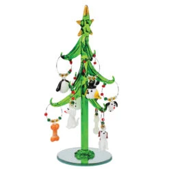 8" Green Hand Crafted Glass Tree With White Dog Wine Charm Ornaments