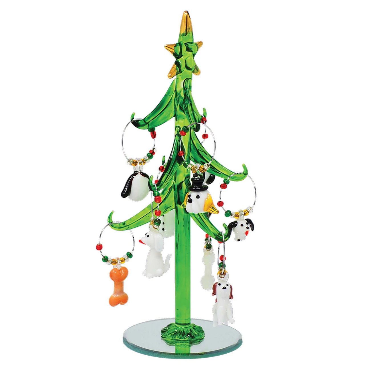 8" Green Hand Crafted Glass Tree With White Dog Wine Charm Ornaments