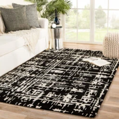 Christmas Central 9' X 12' Black And Cream White Trellis Handmade Rectangular Area Throw Rug