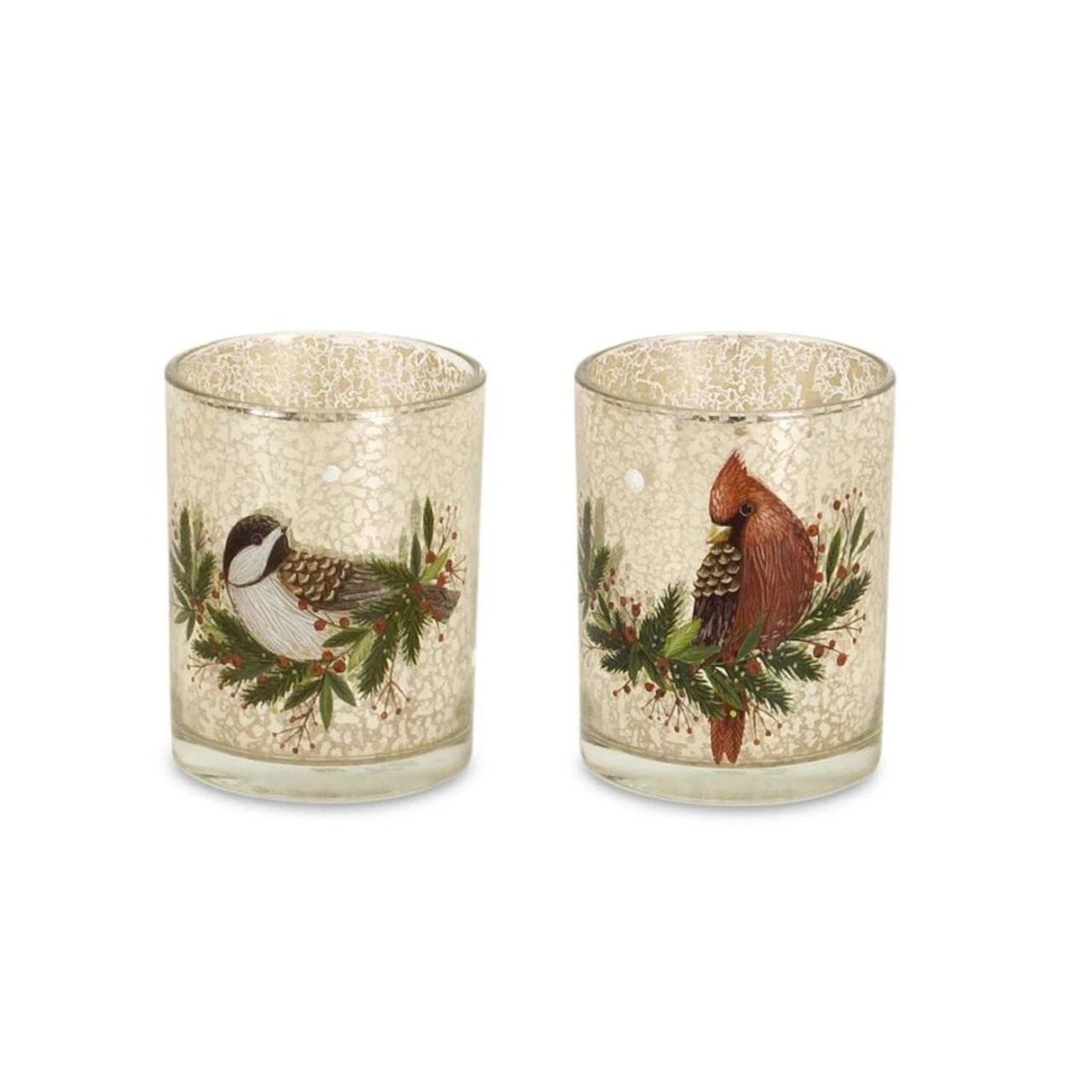 Set Of 6 Beige Cardinal And Chickadee Glass Votive Holders 5" 1 Set Of 6 Beige Cardinal And Chickadee Glass Votive Holders 5"