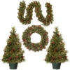 Christmas Central Set Of 4 Pre-Lit Artificial Christmas Set, Warm White LED Lights, 9'