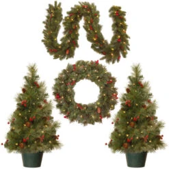 Christmas Central Set Of 4 Pre-Lit Artificial Christmas Set, Warm White LED Lights, 9'