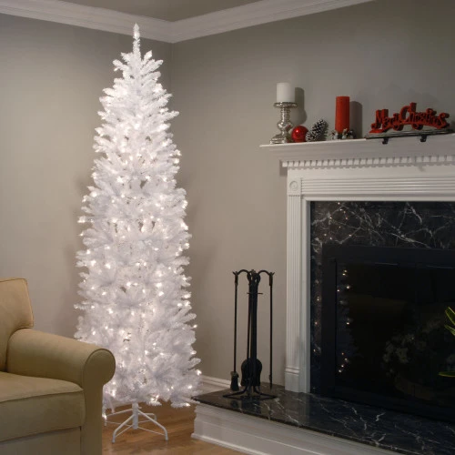 Christmas Central 7’ Pre-Lit White Kingswood Fir Pencil Artificial Christmas Tree, Clear Lights 2 Christmas Central 7’ Pre-Lit White Kingswood Fir Pencil Artificial Christmas Tree, Clear Lights - Image 2