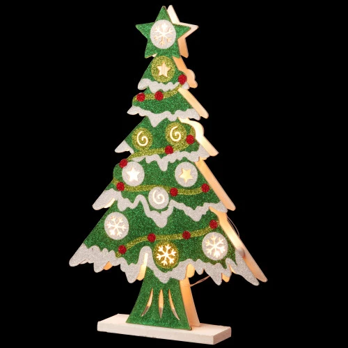 17" Green Pre-Lit Wooden Christmas Tree Tabletop Decoration 2 17" Green Pre-Lit Wooden Christmas Tree Tabletop Decoration - Image 2