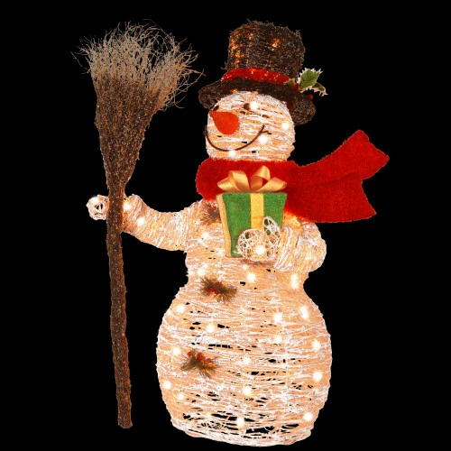 35" White Snowman Holding Gift And Broom Table Topper - Clear Lights 2 35" White Snowman Holding Gift And Broom Table Topper - Clear Lights - Image 2