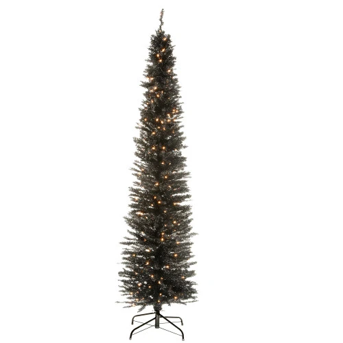 Christmas Central 7’ Pre-Lit Black Pencil Tinsel Artificial Christmas Tree, White Lights 1 Christmas Central 7’ Pre-Lit Black Pencil Tinsel Artificial Christmas Tree, White Lights