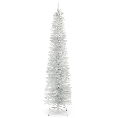 Christmas Central 7' Pencil Silver Tinsel Artificial Christmas Tree, Unlit 1 Christmas Central 7' Pencil Silver Tinsel Artificial Christmas Tree, Unlit