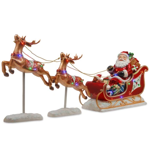 28.5" Pre-Lit Red Sleigh With Reindeer And Santa Tabletop Decor 1 28.5" Pre-Lit Red Sleigh With Reindeer And Santa Tabletop Decor