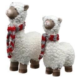 Set Of 2 White And Red Wooly Sheep Tabletop Decor 7.5"