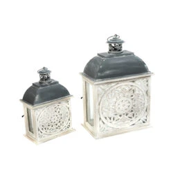 Set Of 2 White And Gray Antique Style Floral Rectangular Nesting Lanterns 18.5"