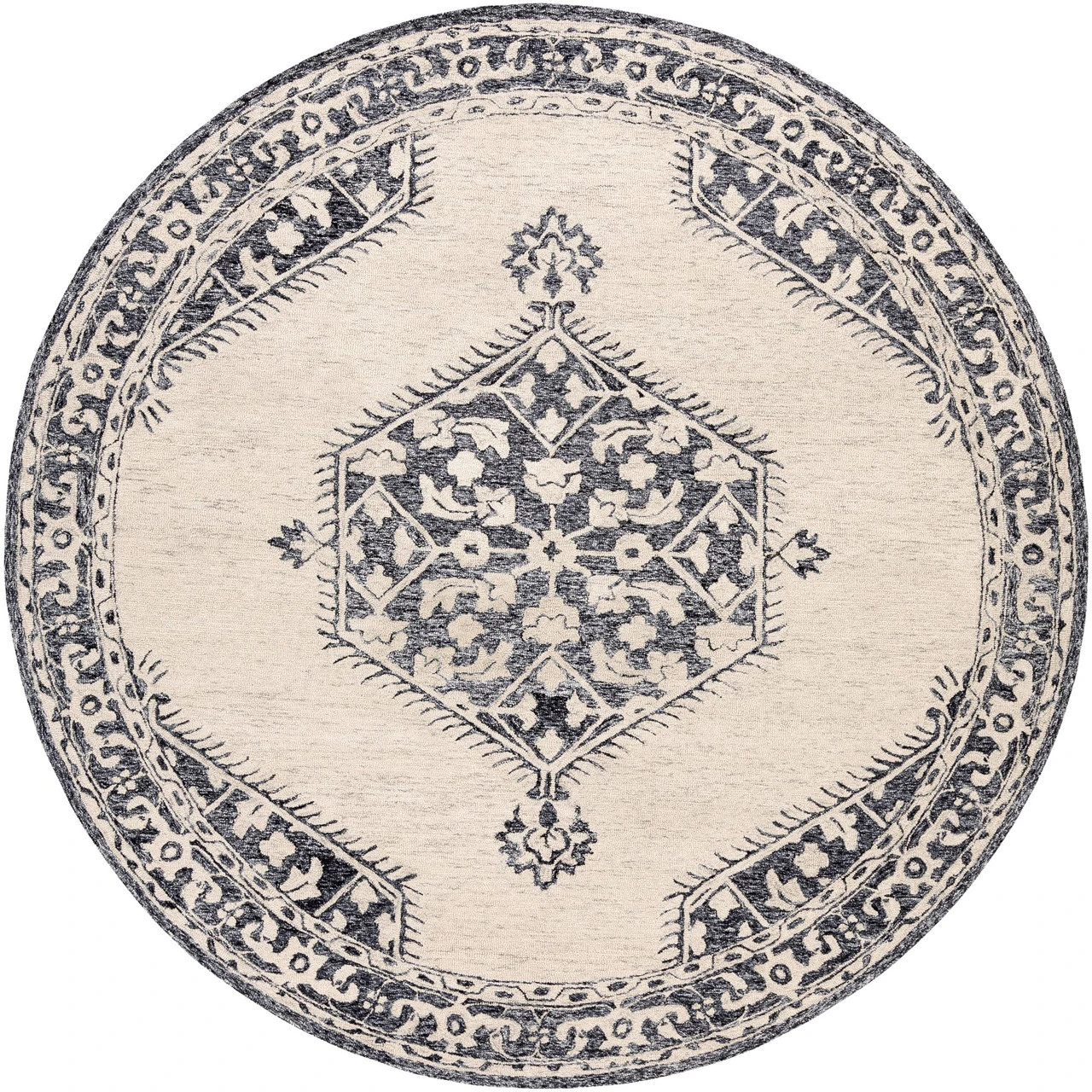 6' Hexagonal Medallion Black And Beige Round Hand Tufted Wool Area Throw Rug 1 6' Hexagonal Medallion Black And Beige Round Hand Tufted Wool Area Throw Rug