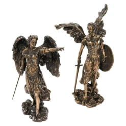 Set Of 2 Bronze Uriel And Raphael Archangel Outdoor Garden Sculptures 13.50"