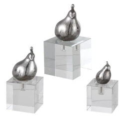 Set Of 3 Silver Metal Bird Statues With Crystal Bases 7"