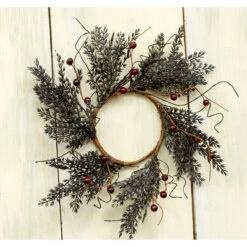 Set Of 2 Pine Gray And Red Berry Large Candle Ring