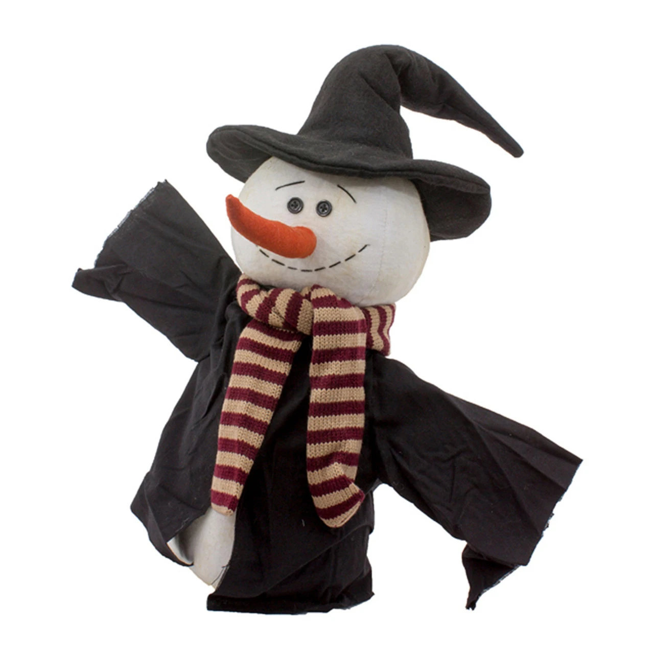 8" Plush Snowman In Black Witch's Hat And Scarf Christmas Figure 1 8" Plush Snowman In Black Witch's Hat And Scarf Christmas Figure