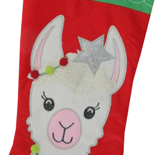 20" Red And Green Christmas Stocking With Festive Llama With Pom Garland Applique 3 20" Red And Green Christmas Stocking With Festive Llama With Pom Garland Applique - Image 3
