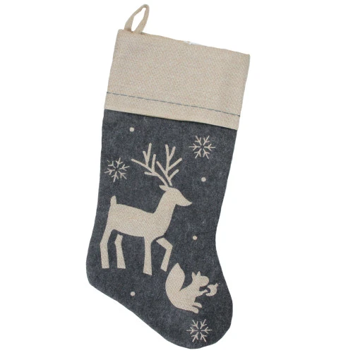20" Burlap Christmas Stocking With Gray Felt Animal Stencil Design And Burlap Cuff 1 20" Burlap Christmas Stocking With Gray Felt Animal Stencil Design And Burlap Cuff