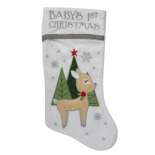 20" White Baby's First Christmas Stocking With Baby Deer And Plush White Cuff 1 20" White Baby's First Christmas Stocking With Baby Deer And Plush White Cuff