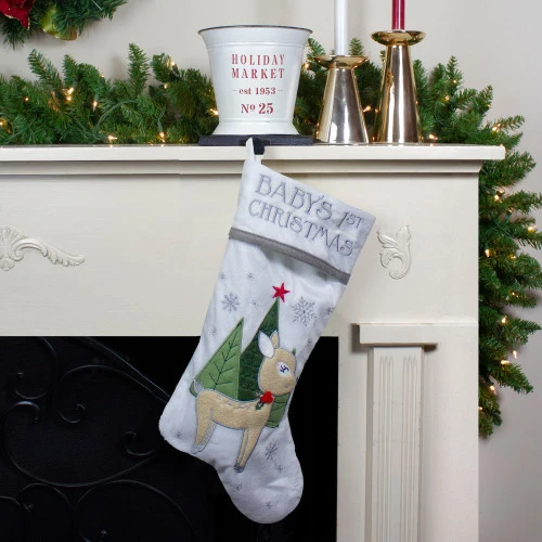 20" White Baby's First Christmas Stocking With Baby Deer And Plush White Cuff 2 20" White Baby's First Christmas Stocking With Baby Deer And Plush White Cuff - Image 2
