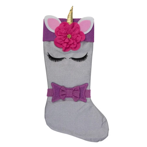 20" White Unicorn Face Christmas Stocking With Purple Bow And Cuff 1 20" White Unicorn Face Christmas Stocking With Purple Bow And Cuff