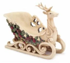 Melrose 9" Beige Reindeer Sleigh With Holly Leaves And Berries Christmas Tabletop Decor