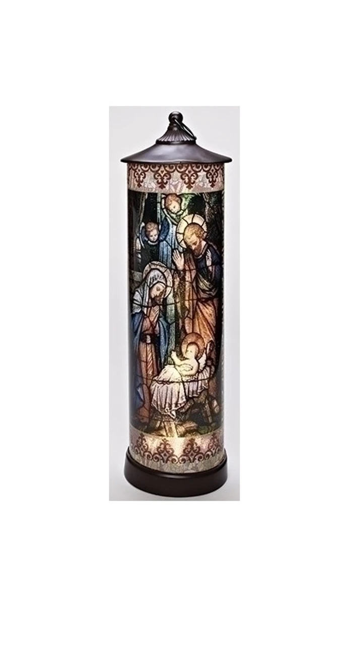 Roman 24” Bronze LED Lighted Stained Holy Family Cylinder Lantern 1 Roman 24” Bronze LED Lighted Stained Holy Family Cylinder Lantern