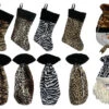 10-Piece Brown Animal Print Christmas Stocking And Wine Gift Bag Set 15"