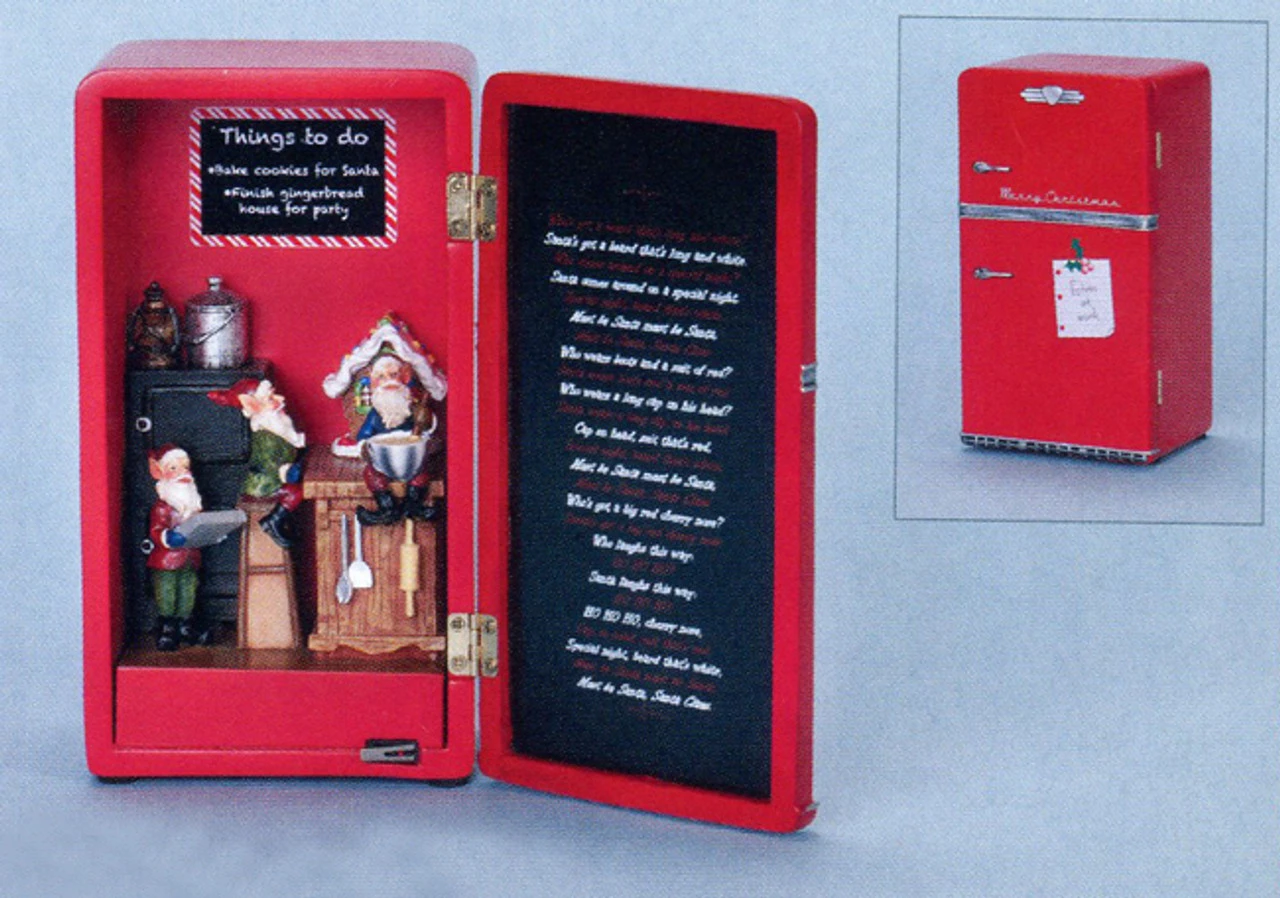 Roman 7" Red And Black Fridge Full Of Elves LED Lights Christmas Figurine 1 Roman 7" Red And Black Fridge Full Of Elves LED Lights Christmas Figurine
