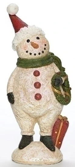 Roman 13" White And Red Glittered Plumpy Christmas Snowman Figure With Wreath Tabletop