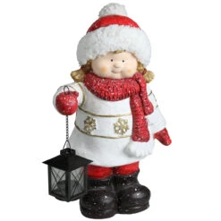 Northlight 16.5" White And Red Girl Holding Tealight Lantern Christmas Tabletop Figure