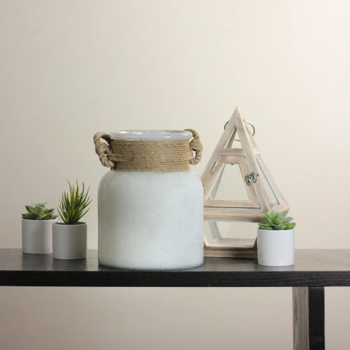 9.5" Antique White And Brown Mercury Glass Hurricane Lantern With Rope 3 9.5" Antique White And Brown Mercury Glass Hurricane Lantern With Rope - Image 3