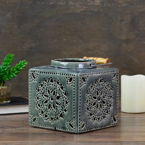 6.75" Dark Olive Green Square Crackle Finish Mosaic Cut Out Candle Lantern 2 6.75" Dark Olive Green Square Crackle Finish Mosaic Cut Out Candle Lantern - Image 2