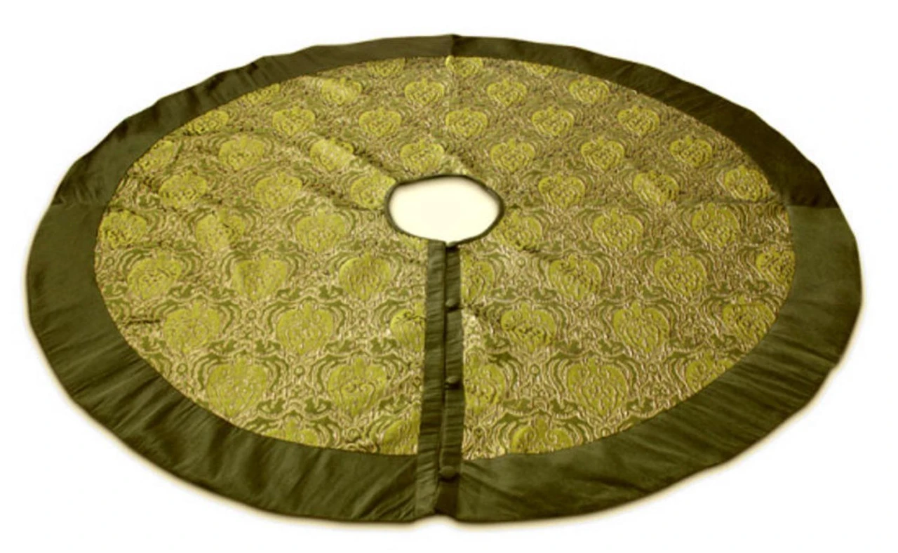 Melrose 54" Green Brocade Christmas Tree Skirt With Trim 1 Melrose 54" Green Brocade Christmas Tree Skirt With Trim