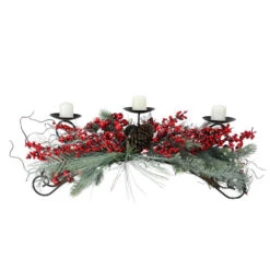 Melrose 30" Red Frosted Berry And Pine Needle Christmas Candle Holder